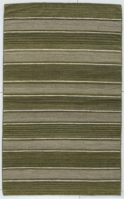 Horizontal Stripe Hand Woven Wool Flatweave Dhurrie 5x8 olive green rug
