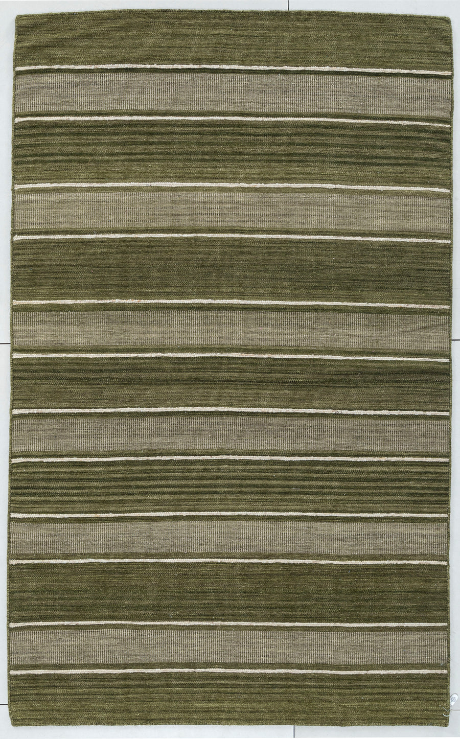 Horizontal Stripe Hand Woven Wool Flatweave Dhurrie 5x8 olive green rug