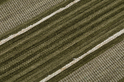 Horizontal Stripe Hand Woven Wool Flatweave Dhurrie 5x8 olive green rug
