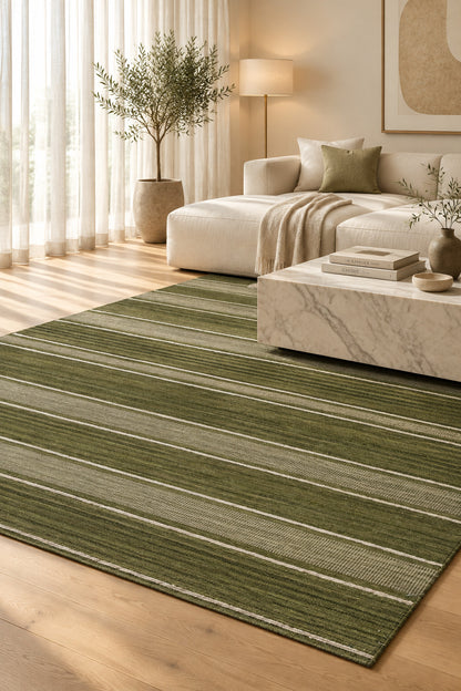 Horizontal Stripe Hand Woven Wool Flatweave Dhurrie 5x8 olive green rug