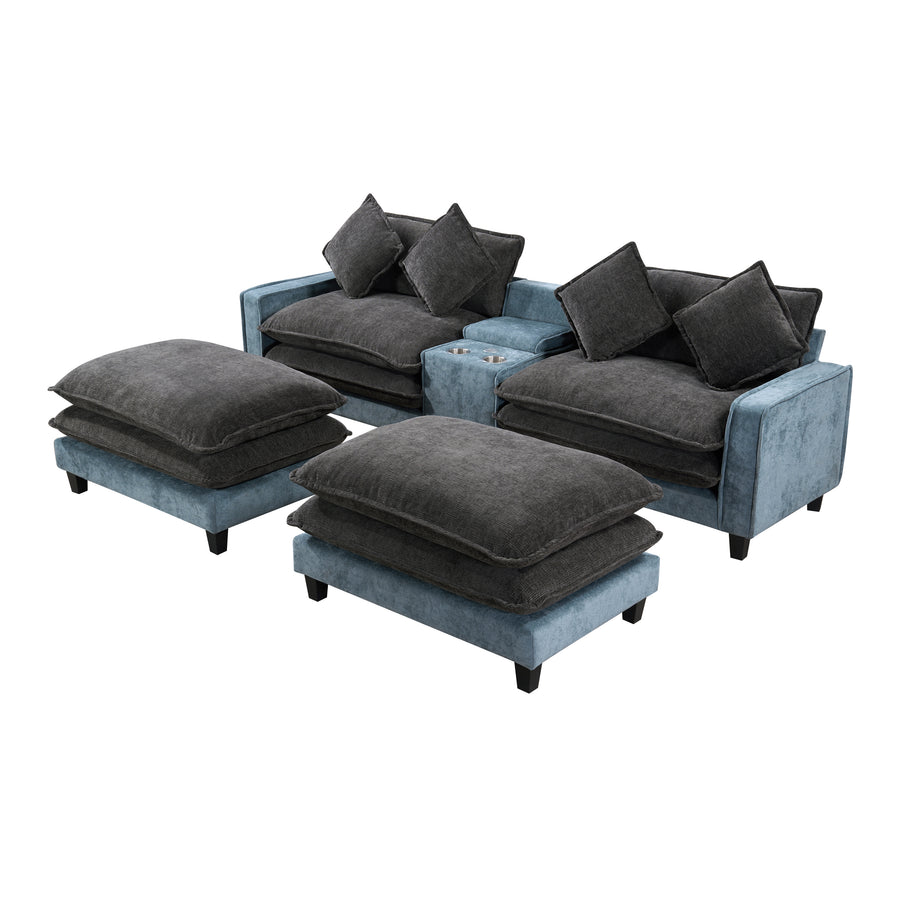 Grey + Light Blue Sectional Sofa with Ottoman