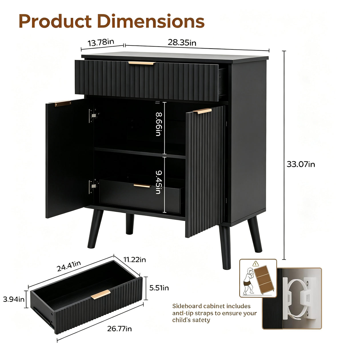 Product dimensions diagram for a black ribbed cabinet with one drawer and two doors shown open, with labeled measurements for height, width, and drawer depth. Includes a separate drawer view at bottom left and a small inset showing included straps.