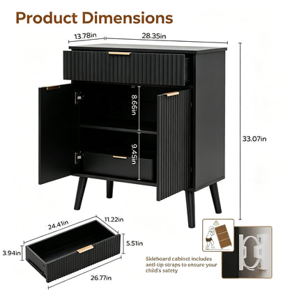 Product dimensions diagram for a black ribbed cabinet with one drawer and two doors shown open, with labeled measurements for height, width, and drawer depth. Includes a separate drawer view at bottom left and a small inset showing included straps.