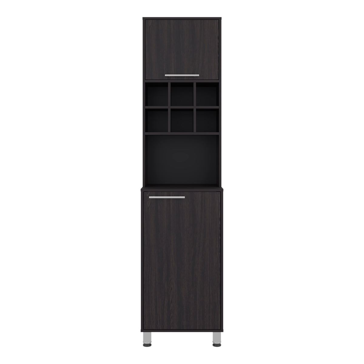 A tall, narrow bar cart or storage cabinet in a dark woodgrain finish, featuring a top cabinet with a silver handle, a central open shelving section with six cubby shelves, and a lower cabinet with a matching silver handle and small silver feet. Wenge