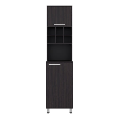 A tall, narrow bar cart or storage cabinet in a dark woodgrain finish, featuring a top cabinet with a silver handle, a central open shelving section with six cubby shelves, and a lower cabinet with a matching silver handle and small silver feet. Wenge