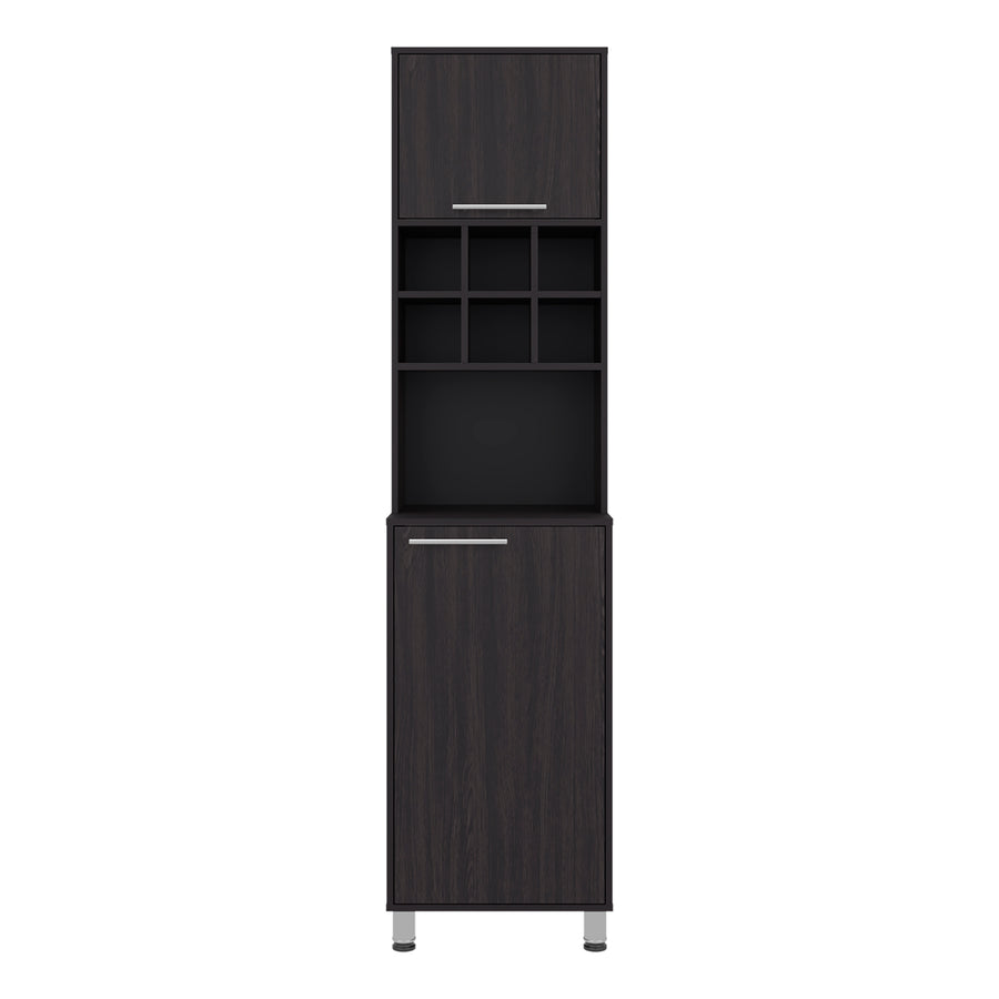 A tall, narrow bar cart or storage cabinet in a dark woodgrain finish, featuring a top cabinet with a silver handle, a central open shelving section with six cubby shelves, and a lower cabinet with a matching silver handle and small silver feet. Wenge