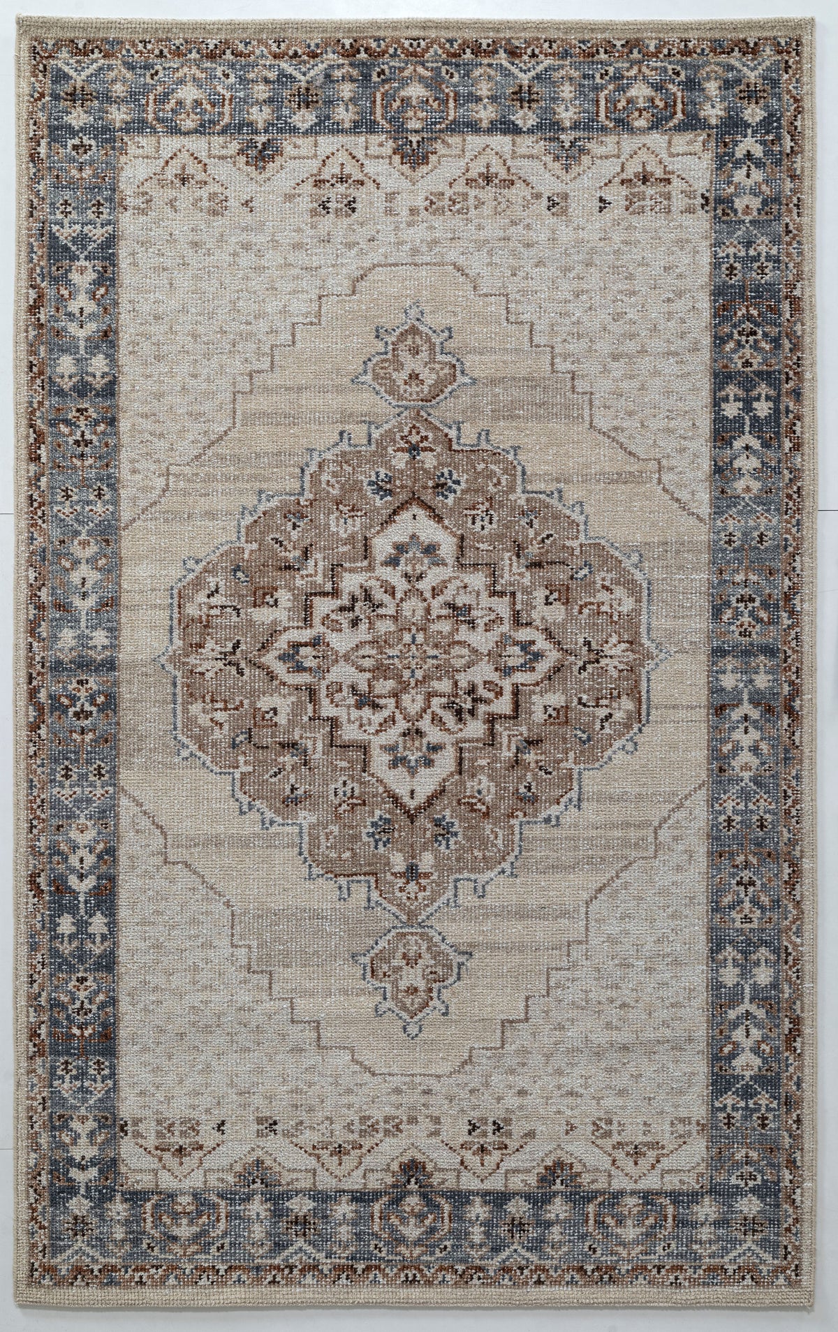 Taj brown beige Medallion Hand Knotted Pure Wool Area Rug 5x8
