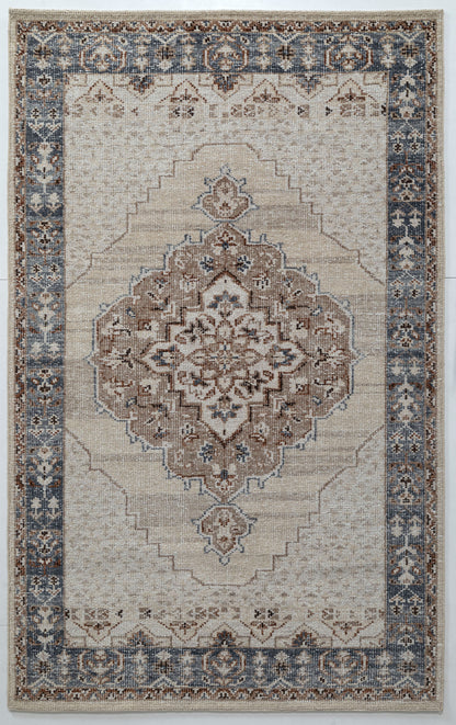 Taj brown beige Medallion Hand Knotted Pure Wool Area Rug 5x8