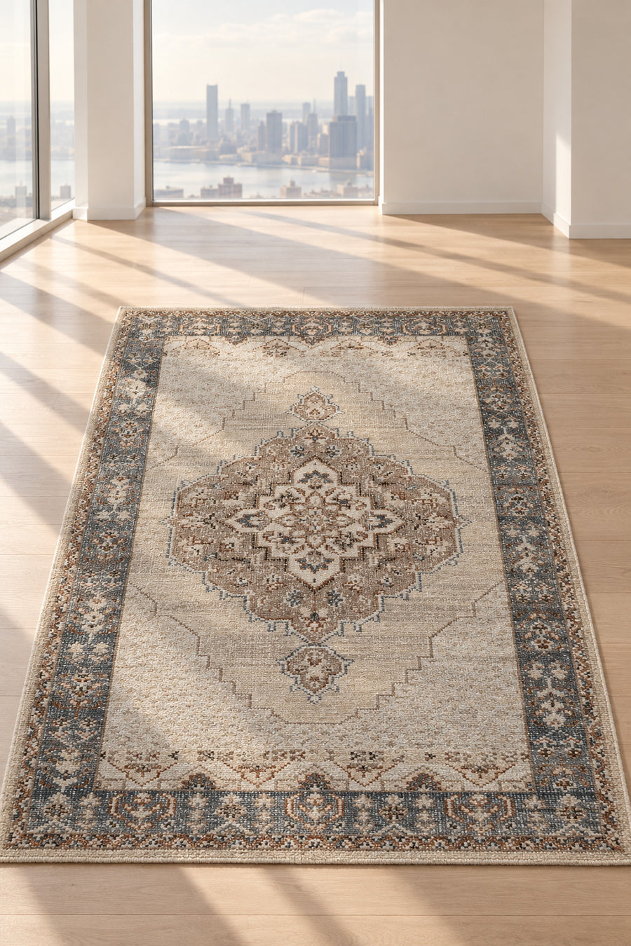 Taj brown beige Medallion Hand Knotted Pure Wool Area Rug 5x8
