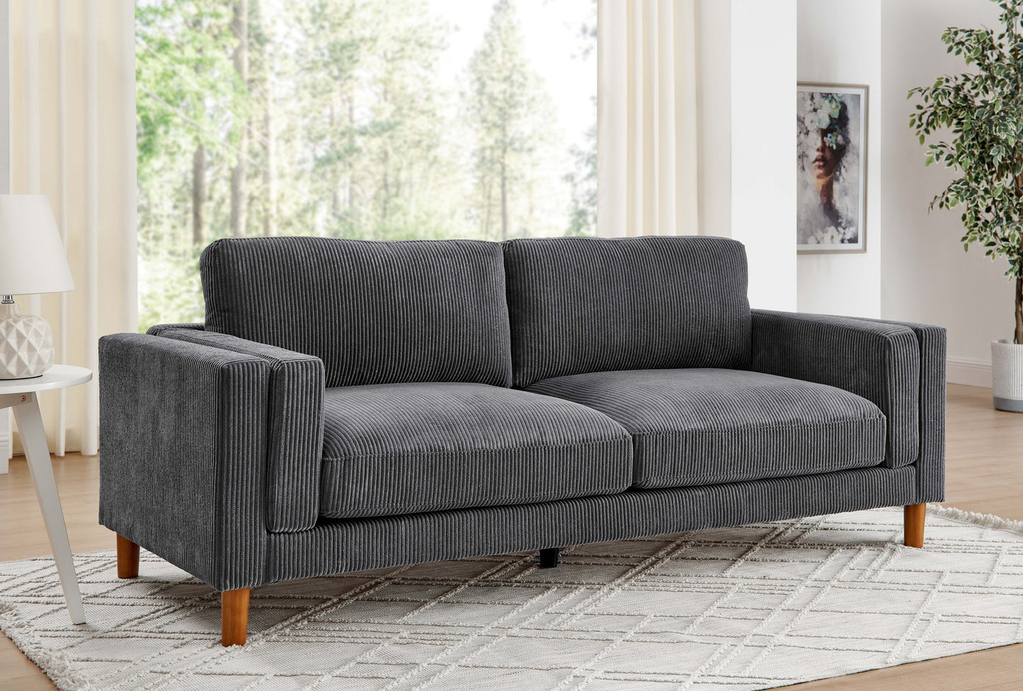 Corduroy Upholstered Square Arm Sofa with Wooden Legs