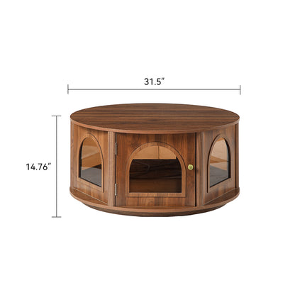 31.5' Round Coffee Table  with Storage, Arched Glass Door Pet House Table in Walnut Wood Grain, Mid-Century Modern Furniture for Living Room