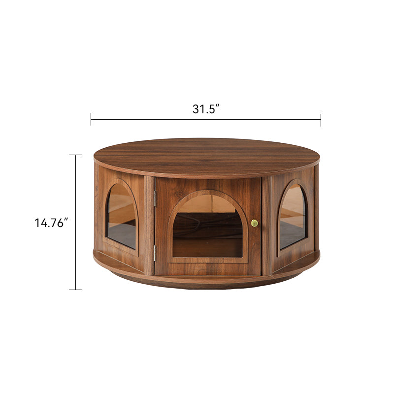 31.5' Round Coffee Table  with Storage, Arched Glass Door Pet House Table in Walnut Wood Grain, Mid-Century Modern Furniture for Living Room