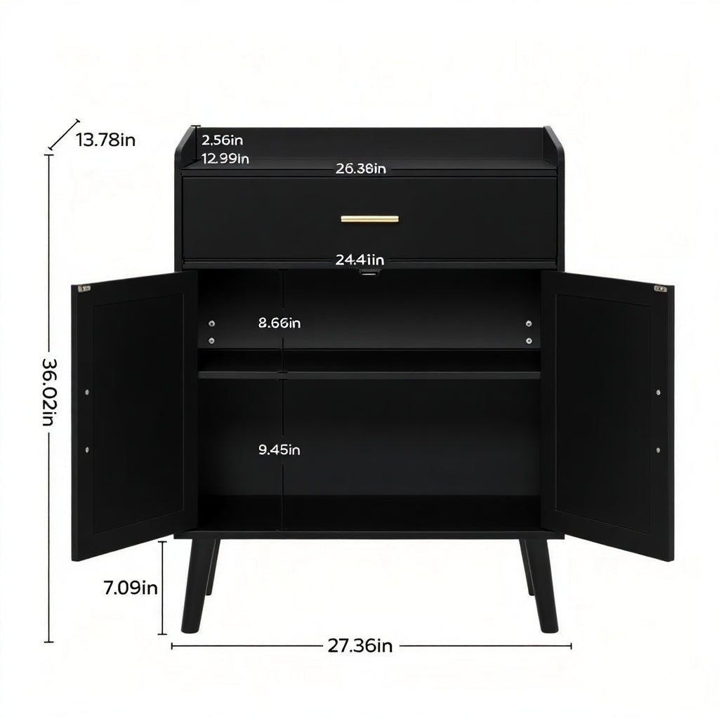 Black two-drawer nightstand with open lower cabinet doors, shown with dimension labels and measurements on a background.