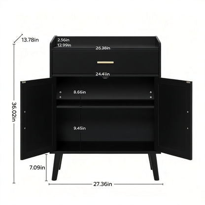 Black two-drawer nightstand with open lower cabinet doors, shown with dimension labels and measurements on a background.