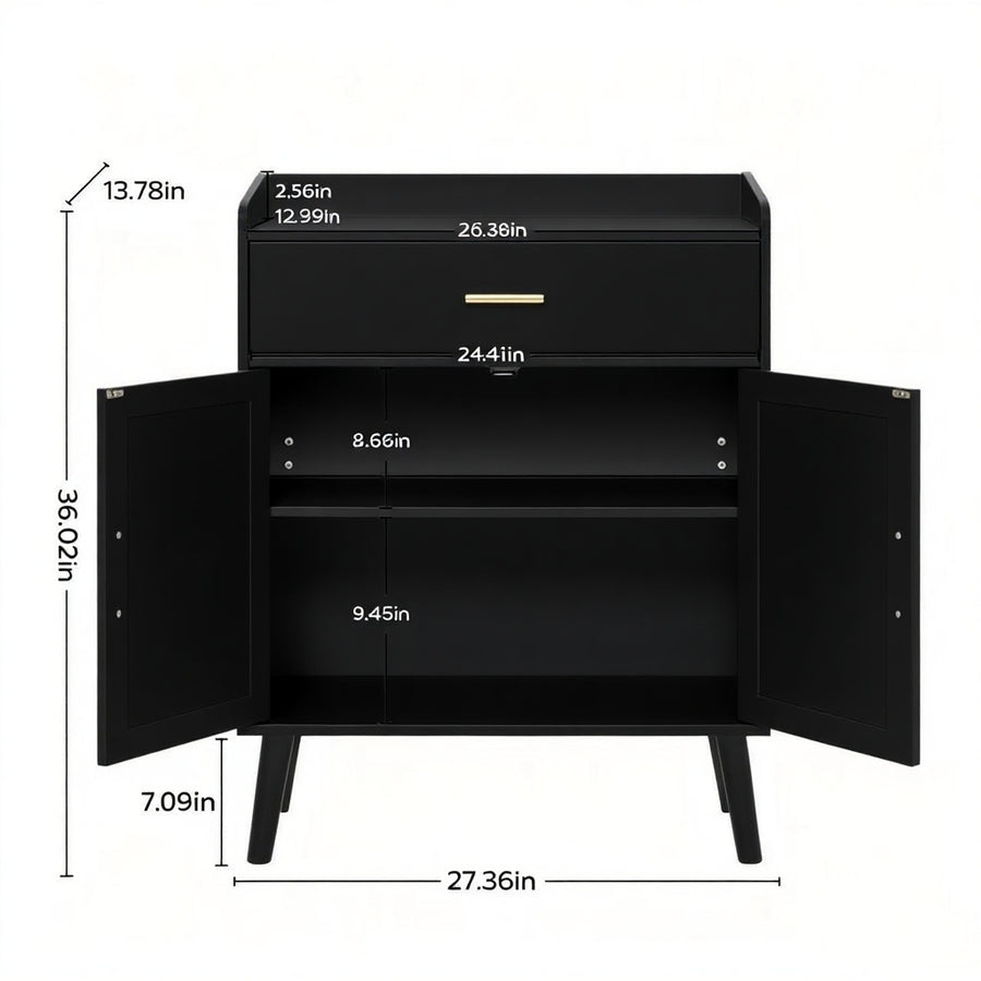 Black two-drawer nightstand with open lower cabinet doors, shown with dimension labels and measurements on a background.