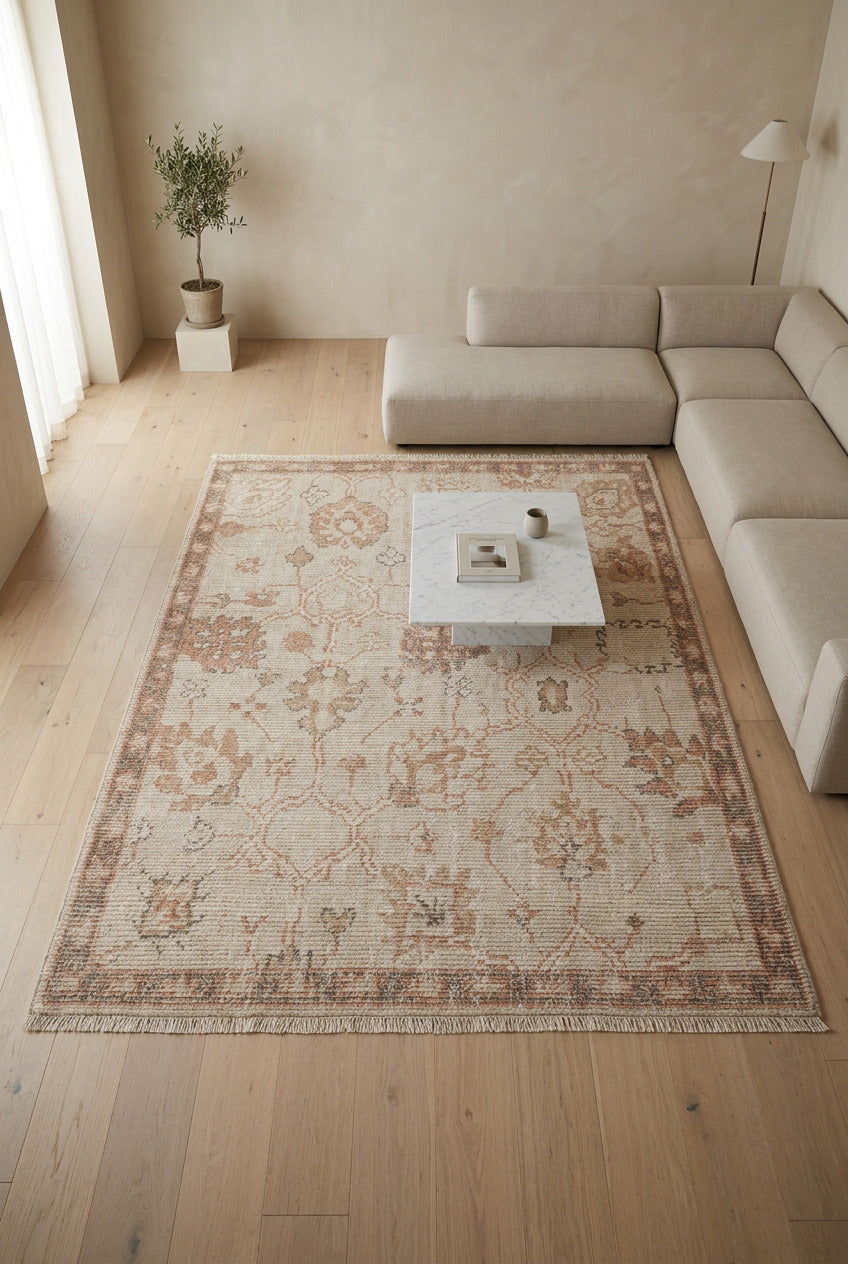 Botanical Lattice Hand Knotted Wool Rug beige 5x7