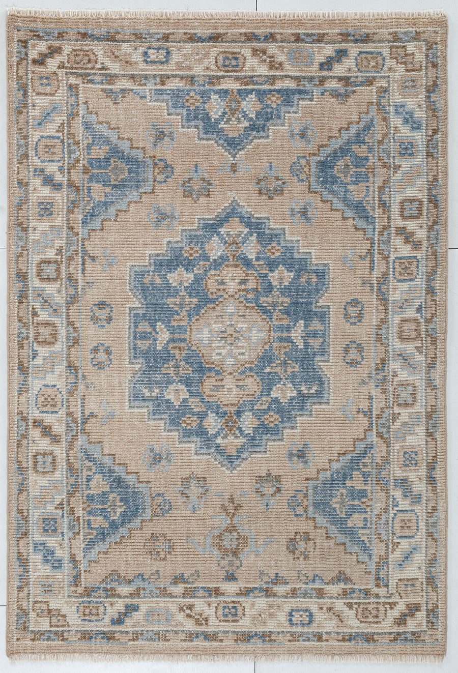 Mabira Tribal Medallion Hand Knotted Wool Rug beige 5x7 bhadohi carpet