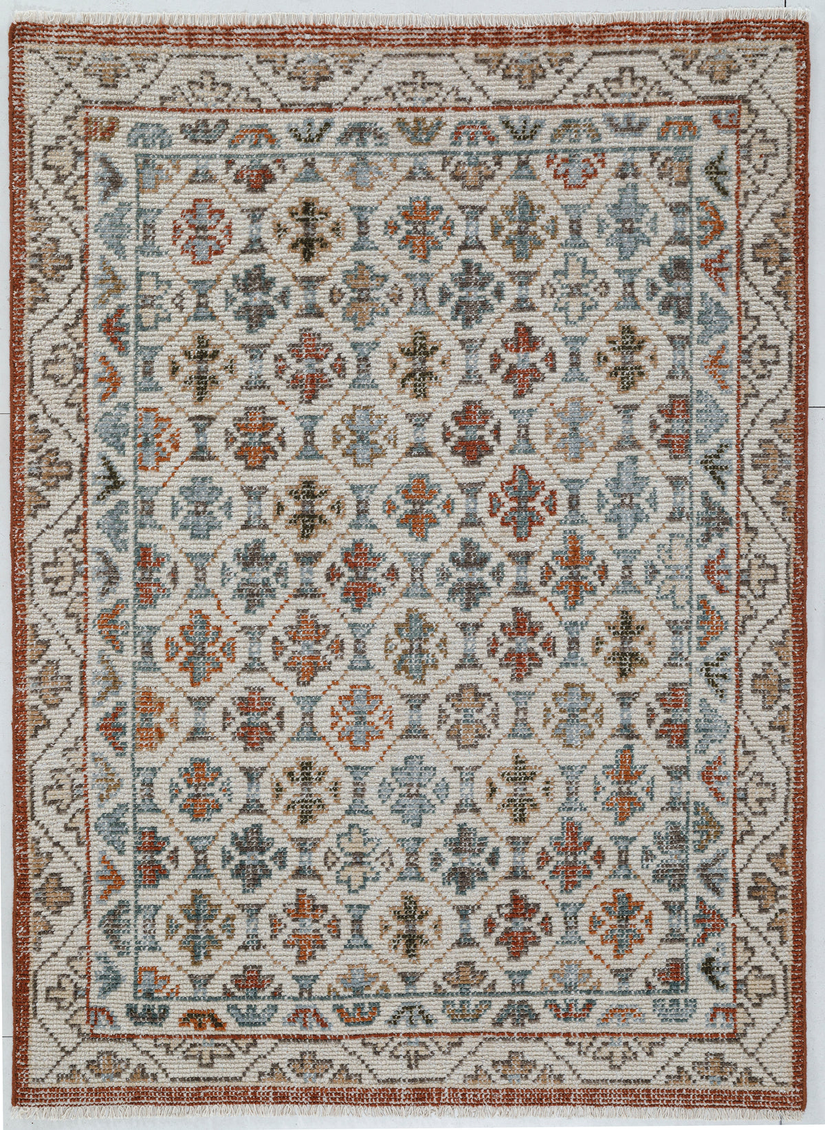 Geometric Lattice Hand Knotted Wool Carpet 5x7 beige rug