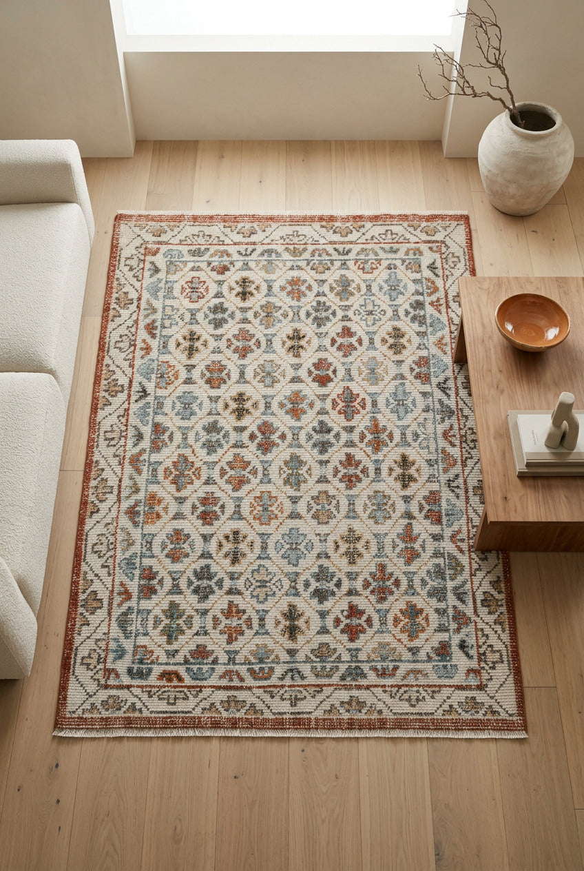 Geometric Lattice Hand Knotted Wool Carpet 5x7 beige rug