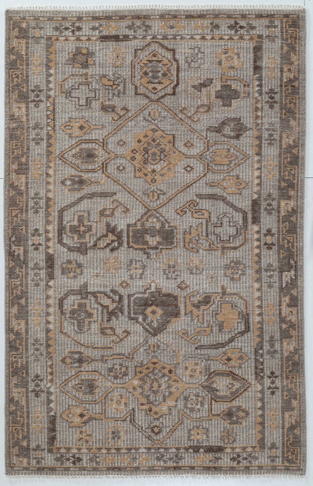 Double Medallion Tribal Hand Knotted Wool Carpet 5x8 brown beige