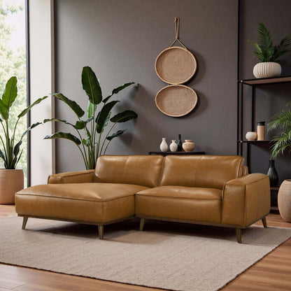 Left Facing Sectional Sofa with Mid-Century Modern Design, Genuine Leather Upholstery, Walnut-Finished Wood Legs, 98-Inch L-Shaped Layout