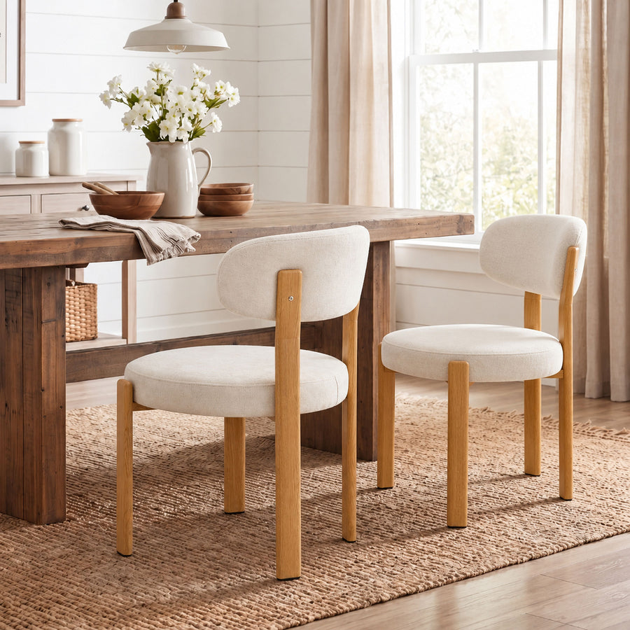 White set of 2 piece 4 piece dining chair with curved back and wooden legs