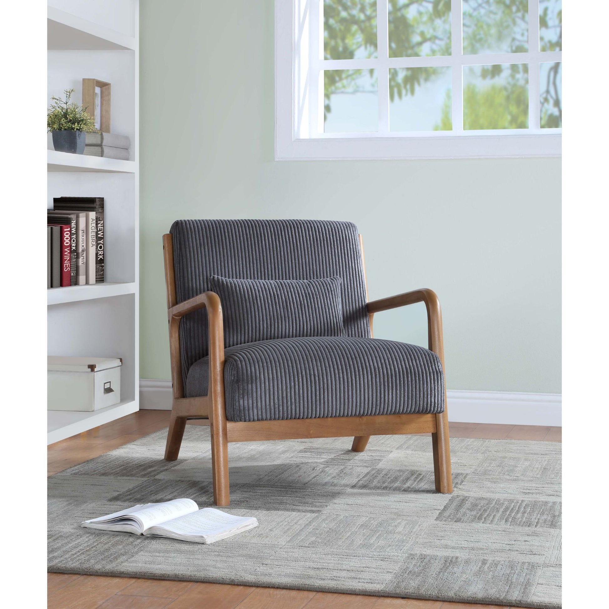 Dark Gray Corduroy Upholstered Wooden Armchair with Back Support Pillow