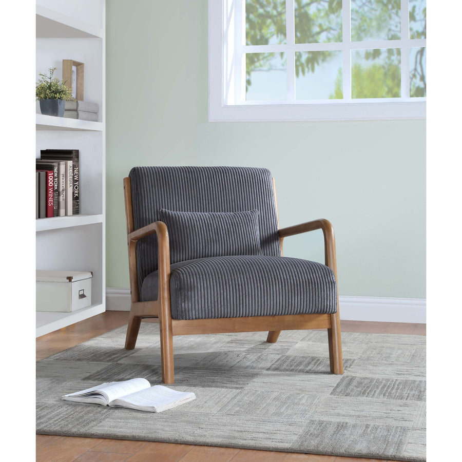 Dark Gray Corduroy Upholstered Wooden Armchair with Back Support Pillow