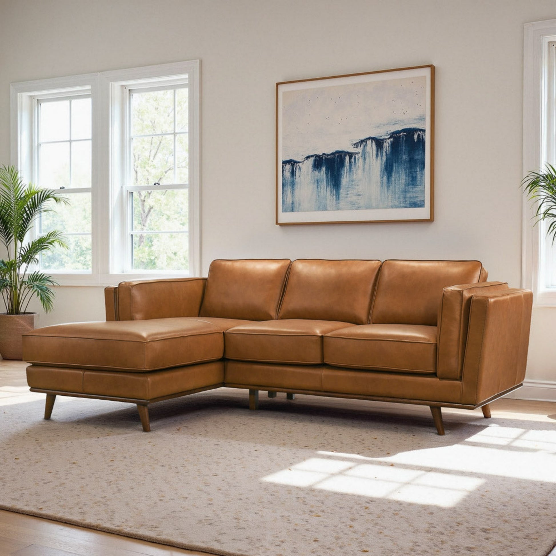 Chase Genuine Leather Sectional Left Facing Sofa Tan Leather 90.90 inches