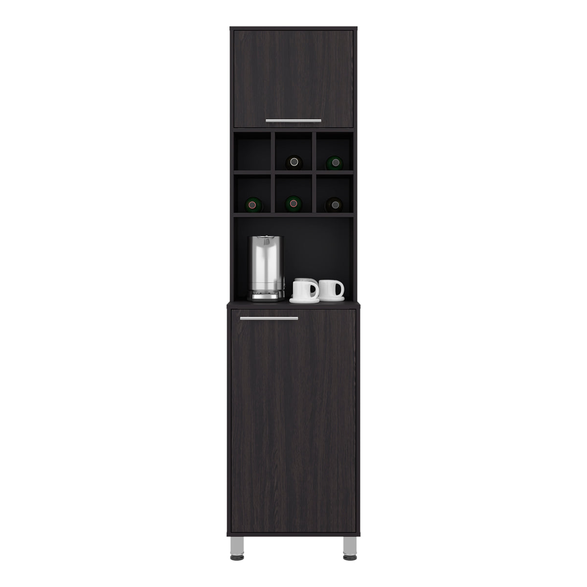 A tall, narrow dark wood beverage bar cabinet with a top storage compartment, open shelving with wine bottle holders, a countertop with a glass and two white mugs, and a lower cabinet door, shown on a plain white background. Wenge