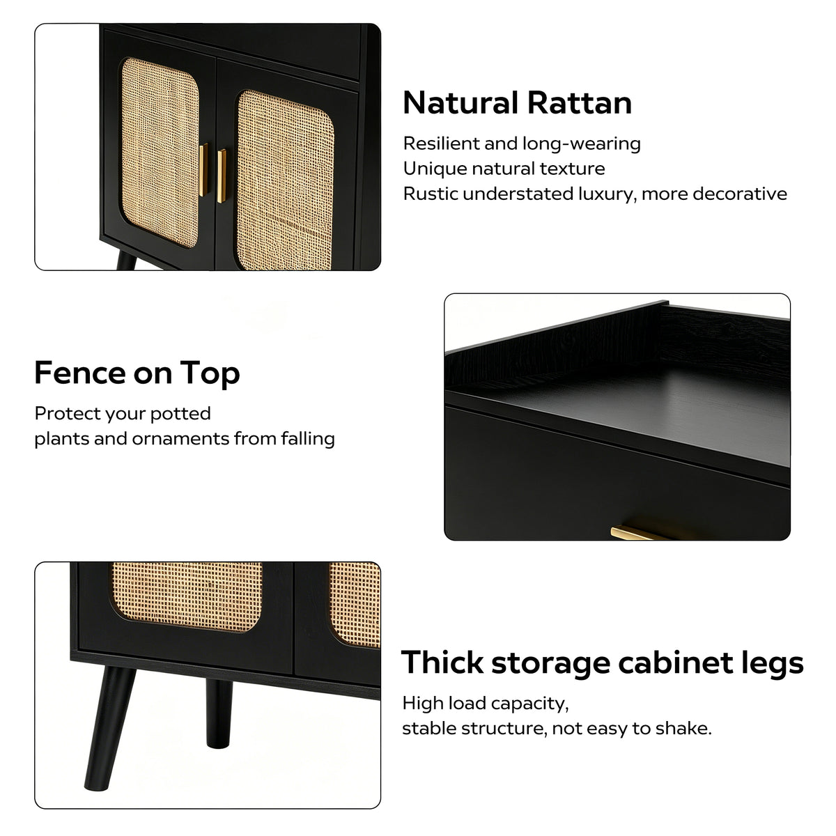 A product feature collage showing a black storage cabinet with rattan doors, gold-tone handles, a top fence, and thick legs, with text labels describing each feature on a background.