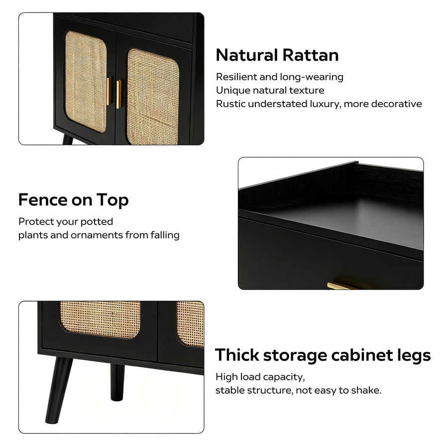A product feature collage showing a black storage cabinet with rattan doors, gold-tone handles, a top fence, and thick legs, with text labels describing each feature on a background.