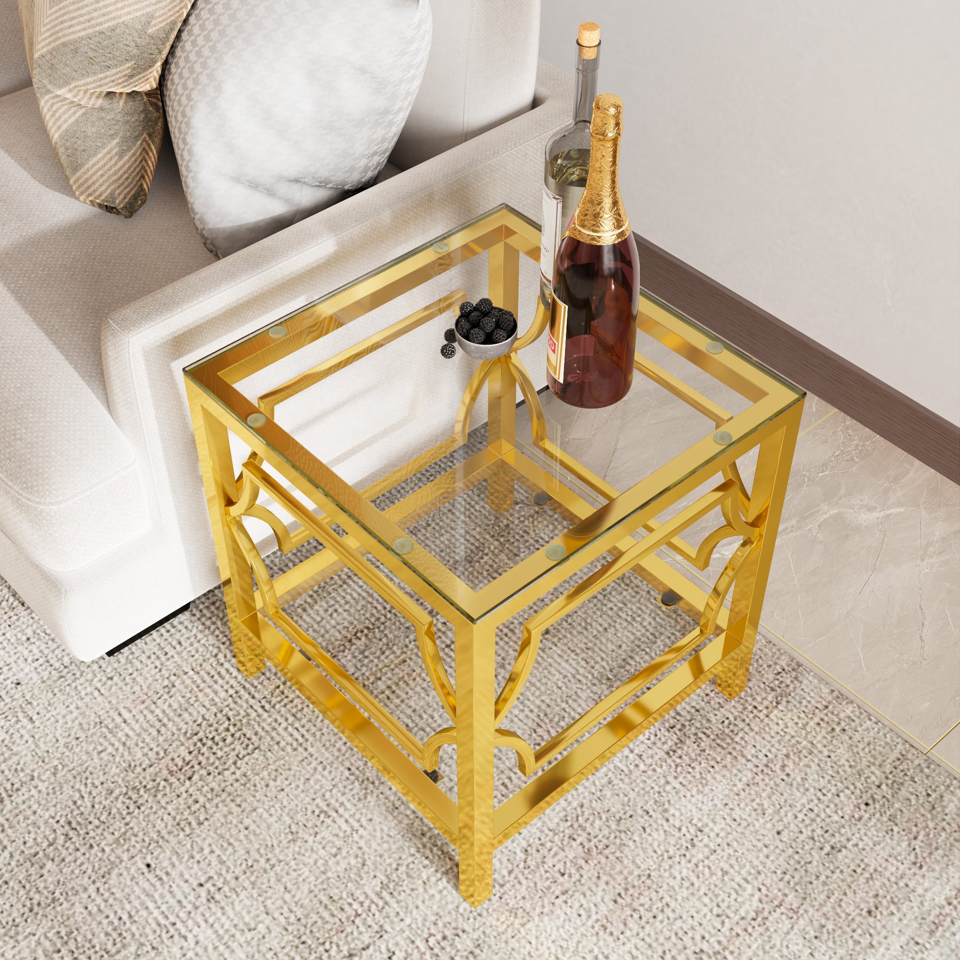 Transparent tampered glass golden metal leg square side table