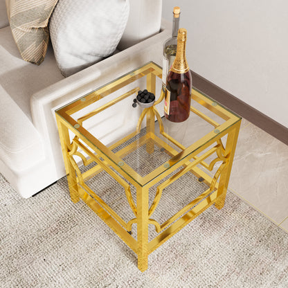 Transparent tampered glass golden metal leg square side table