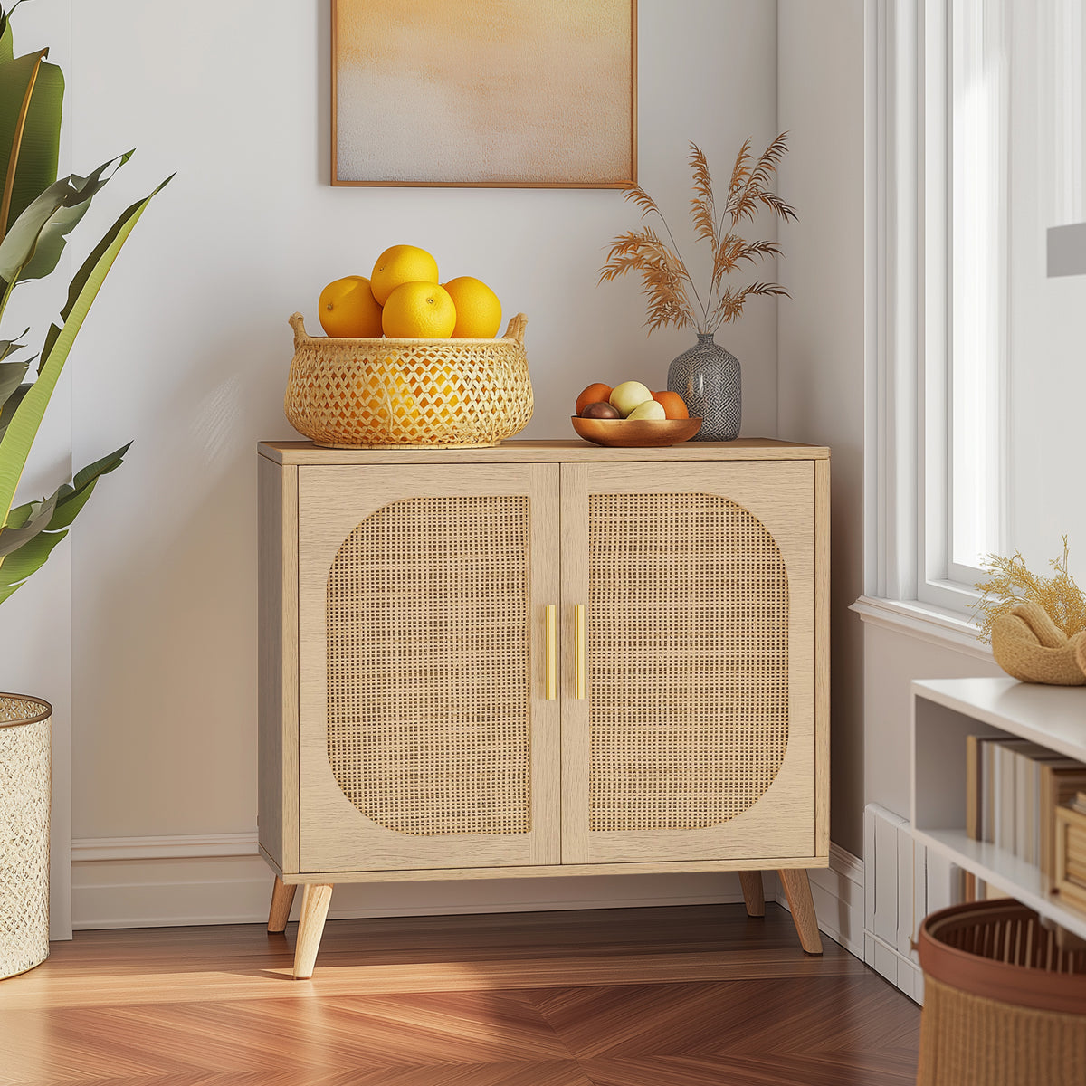 Natural Wooden cabinet with wicker doors in a room with decor elements like a basket of fruit and a vase.