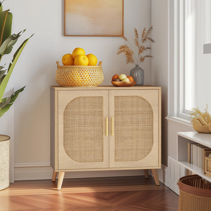 Natural Wooden cabinet with wicker doors in a room with decor elements like a basket of fruit and a vase.