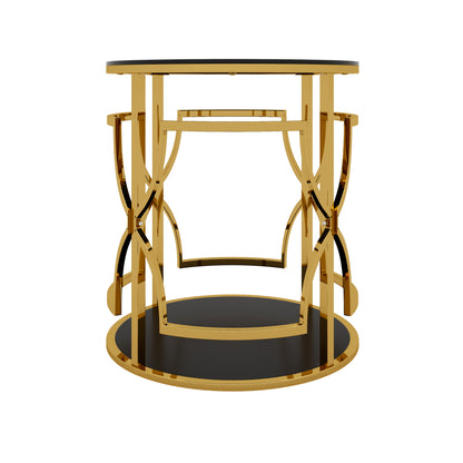Black tampered glass golden metal leg round side table