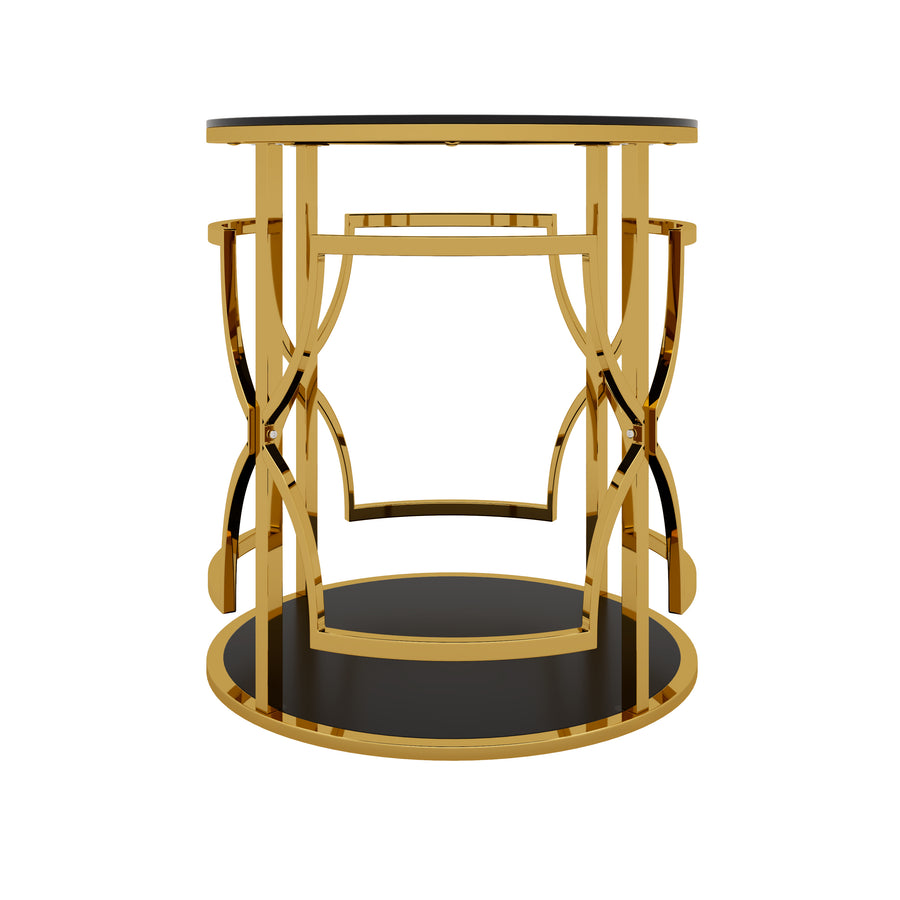 Black tampered glass golden metal leg round side table