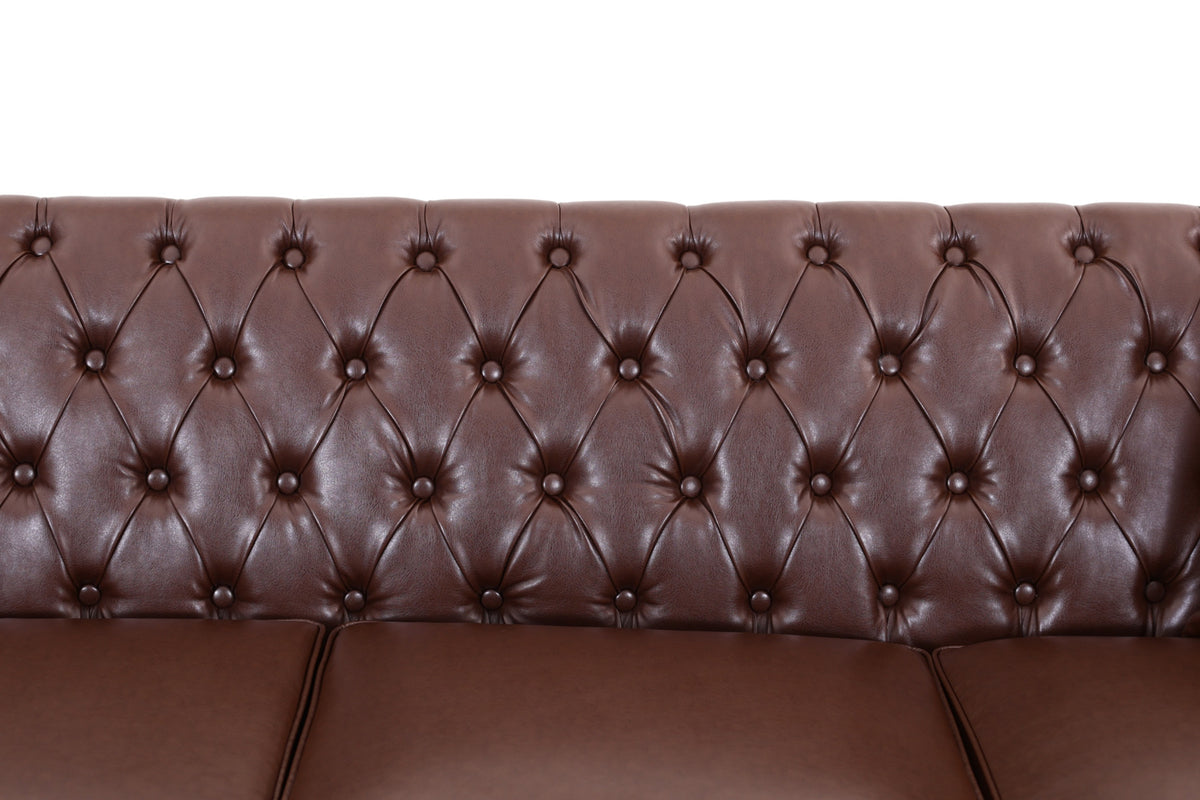 Close-up of a brown leather tufted sofa backrest with button tufting and two seat cushions, shown against a plain white background. Dark Brown 3 Seater Solo loveseat