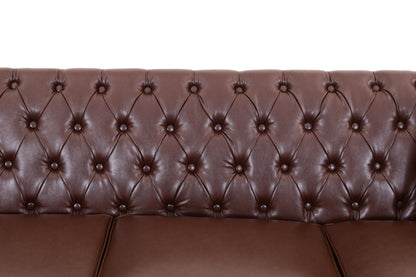 Close-up of a brown leather tufted sofa backrest with button tufting and two seat cushions, shown against a plain white background. Dark Brown 3 Seater Solo loveseat