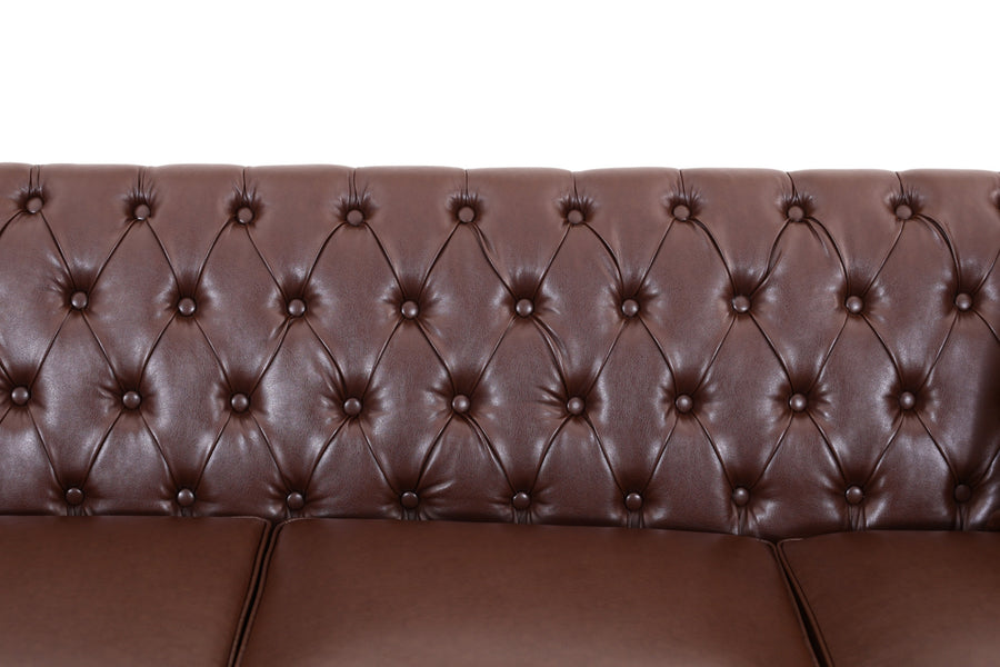 Close-up of a brown leather tufted sofa backrest with button tufting and two seat cushions, shown against a plain white background. Dark Brown 3 Seater Solo loveseat