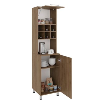 Wooden kitchen cabinet with open doors displaying various kitchen items on a white background Natural