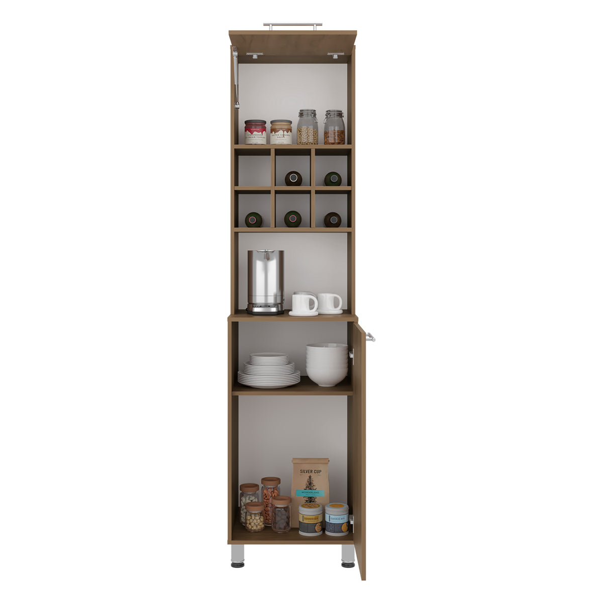 Tall wooden kitchen cabinet with shelves containing kitchenware on a white background Natural