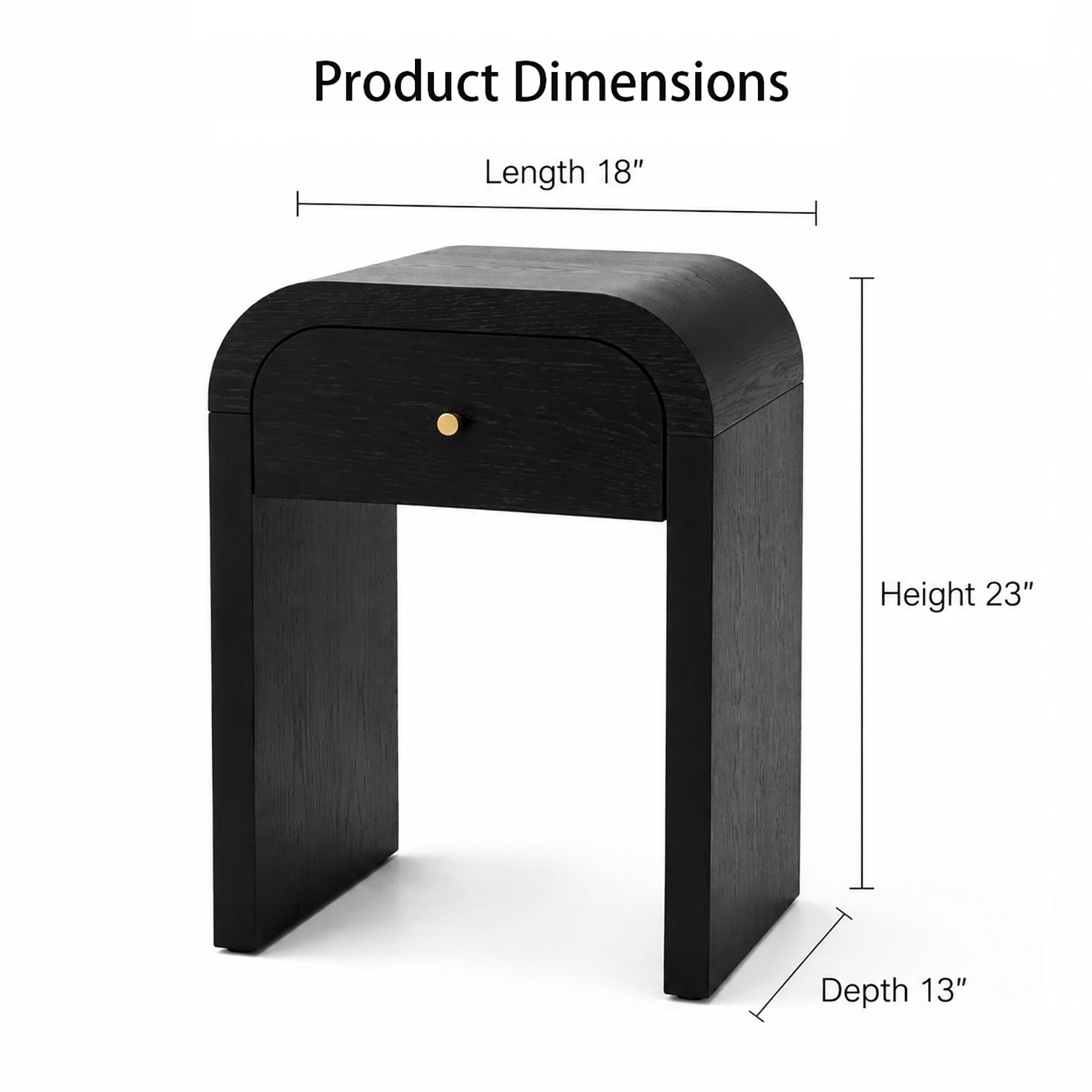 A black wooden nightstand with a single drawer and a small gold knob, shown with dimension lines and text indicating product dimensions: length 18 inches, height 23 inches, and depth 13 inches, on a white background.
