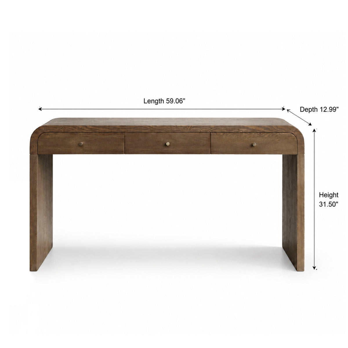 A brown wooden writing desk with three drawers and small round knobs, shown on a white background with dimension lines indicating length 59.06 inches, depth 12.
