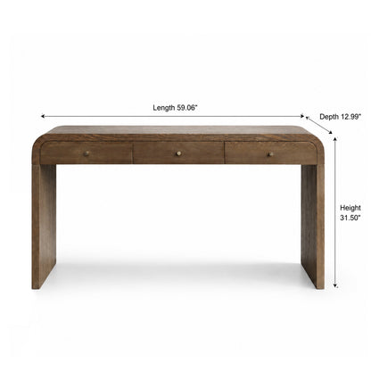 A brown wooden writing desk with three drawers and small round knobs, shown on a white background with dimension lines indicating length 59.06 inches, depth 12.