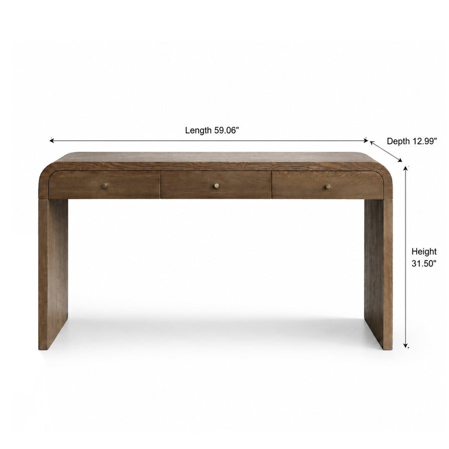 A brown wooden writing desk with three drawers and small round knobs, shown on a white background with dimension lines indicating length 59.06 inches, depth 12.
