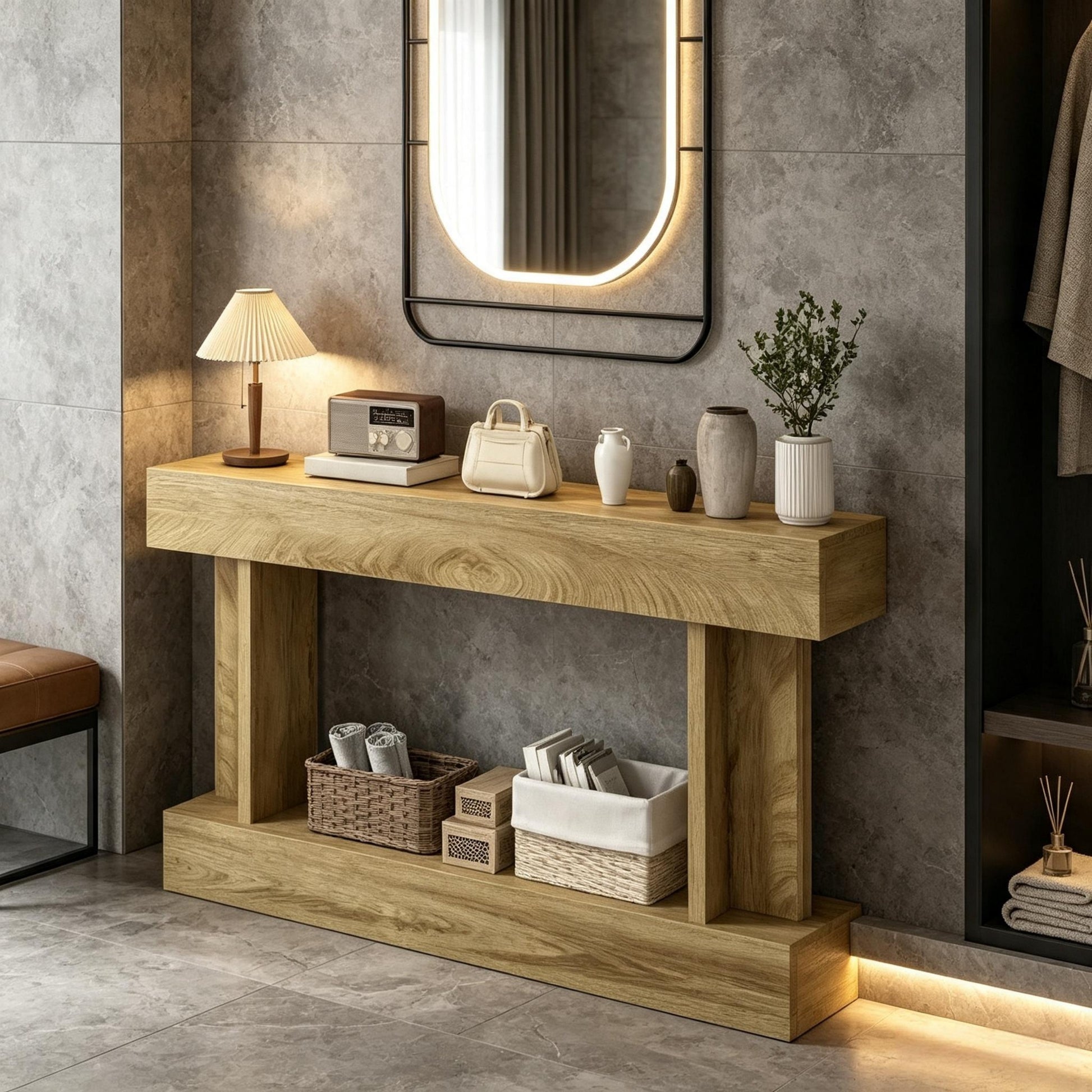 A light oak wood console table styled in a modern entryway with a gray tiled wall and floor. The table is decorated with a small table lamp, a vintage radio, a handbag, vases, and a small potted plant.
