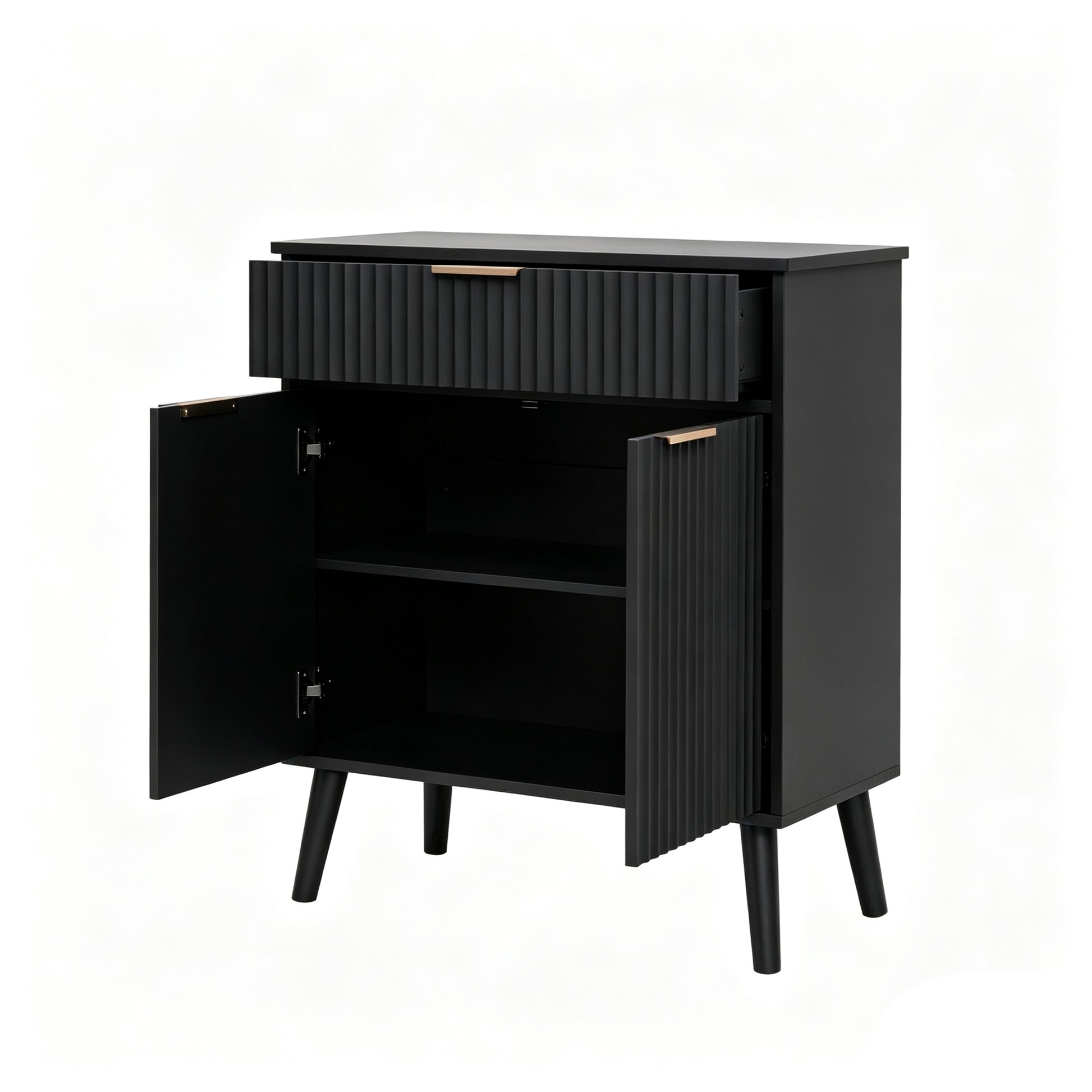 A modern black side cabinet with a single ribbed drawer and two open doors, showing an interior shelf. The cabinet has a matte black finish, tapered legs, and small gold-toned hardware handles.