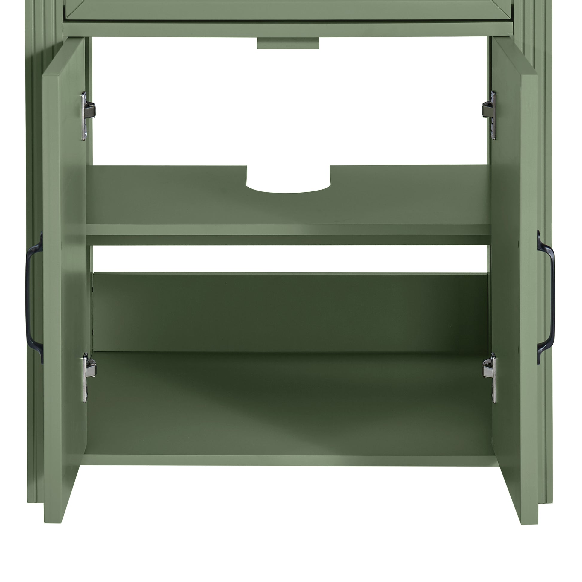 An olive green storage cabinet with two doors swung open to reveal two interior shelves, including a central circular cutout, set against a plain background.